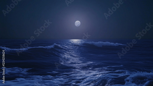 夜明け前の暗い海と静かな波、幻想的な静寂に包まれた風景