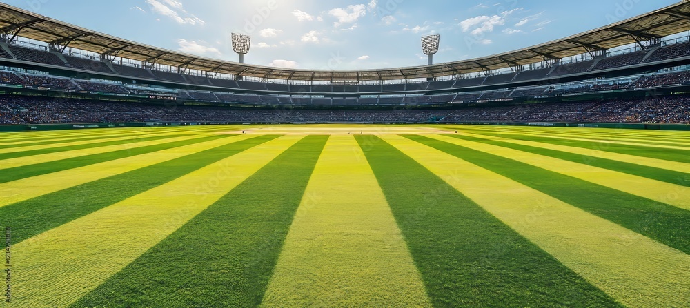 Fototapeta premium Empty Sports Stadium With Green Grass Field And White Lines During Daytime, Melbourne Cricket Ground