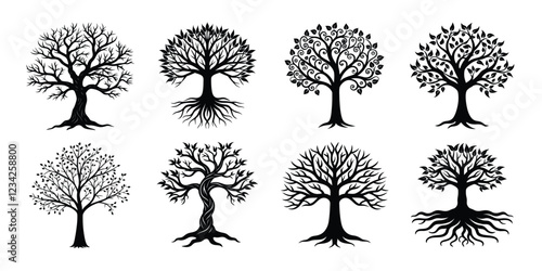 Tree silhouettes set. various trees bundle on white background