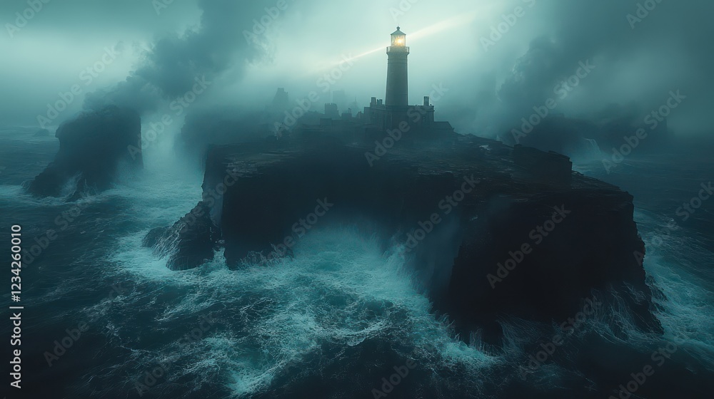 Fototapeta premium Lighthouse in a Stormy Sea: A Beacon of Hope Amidst the Tempest