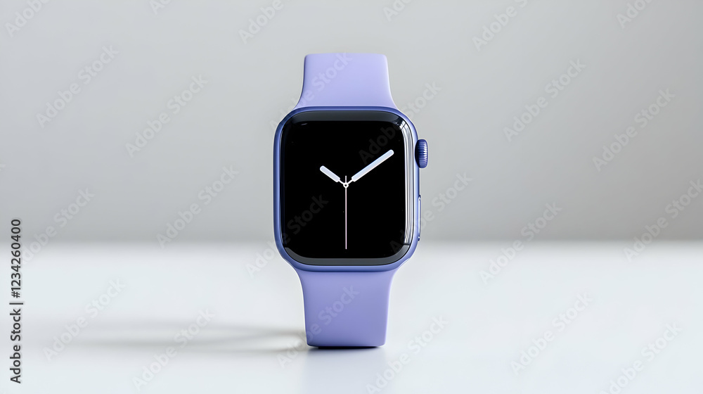 Purple smartwatch on white background, minimalist style
