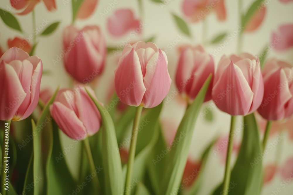 Fototapeta premium A bouquet of fresh pink tulips arranged in a decorative vase