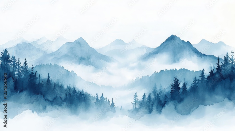 Fototapeta premium Watercolor of landscape forest misty mountains horizon and fog and hills,pine tree fir tree,Autumn forest background,drawn by hand,Autumn illustration design elements for landscape,wallpaper.