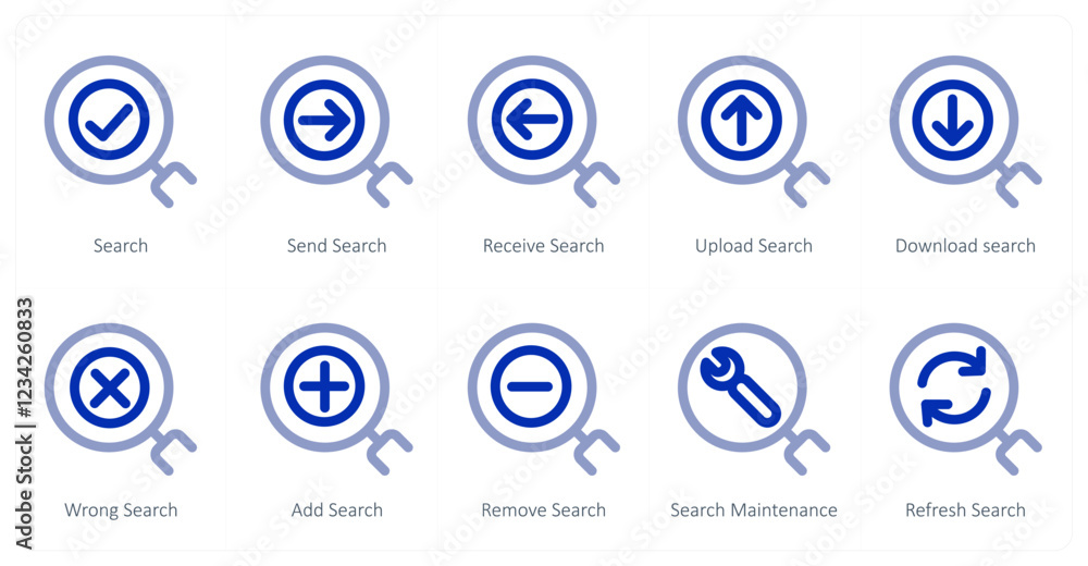 A set of 10 search icons as search, send search, receive search A set of 10 search icons as search, send search, receive search