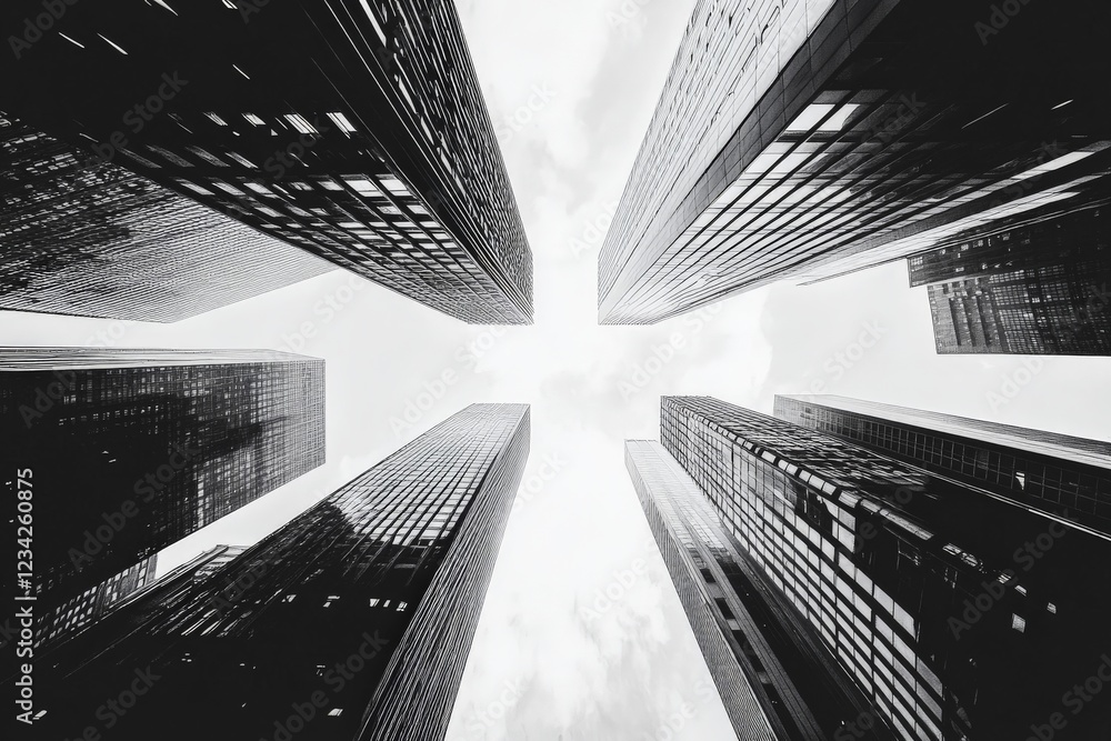 Fototapeta premium Looking up at modern skyscrapers in an urban setting under a cloudy sky