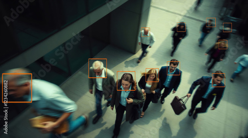 Facial detection, recognition and personal identification technology on city street. A view from a UAV drone or screenshot from video surveillance CCTV camera to monitor crime scene. Copy space