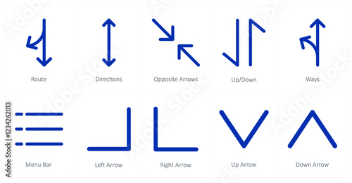 A set of 10 directions icons as route, directions, opposite arrows