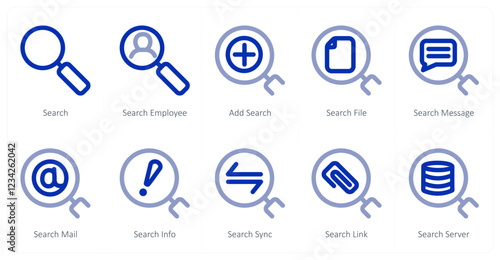 A set of 10 search icons as search, search employee, add search