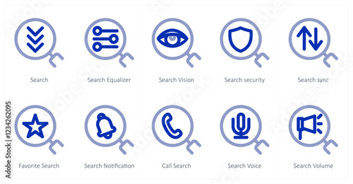 A set of 10 search icons as search, search equalizer, serach vision