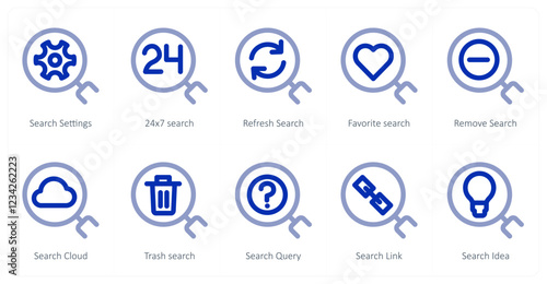 A set of 10 search icons as search settings, 24x7 search, refresh search
