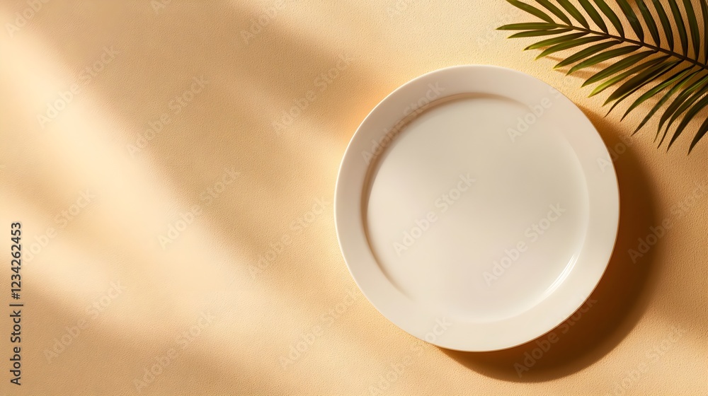 Empty White Plate on Sandy Beach with Palm Leaf Empty White Plate on Sandy Beach with Palm Leaf