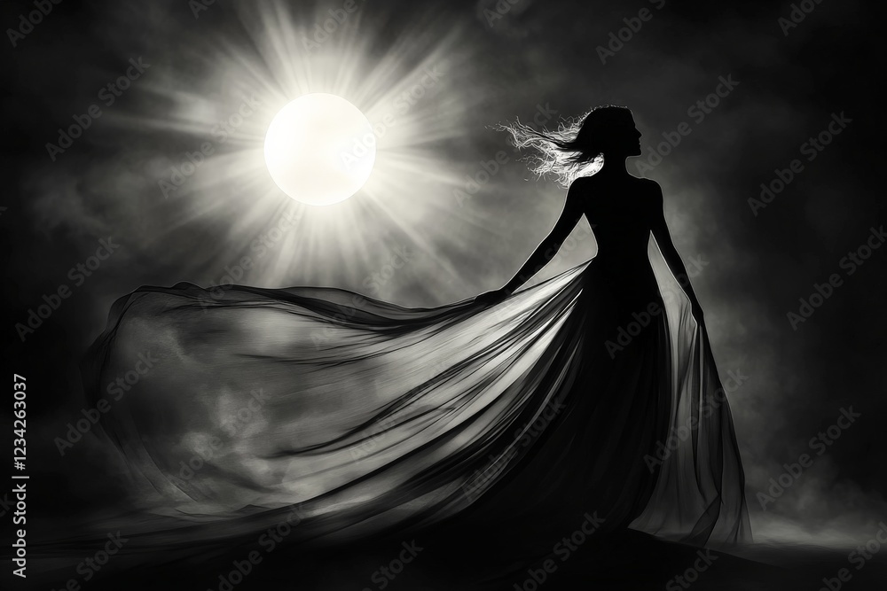 Silhouette of a woman in flowing fabric against a dramatic moonlit backdrop at night Silhouette of a woman in flowing fabric against a dramatic moonlit backdrop at night