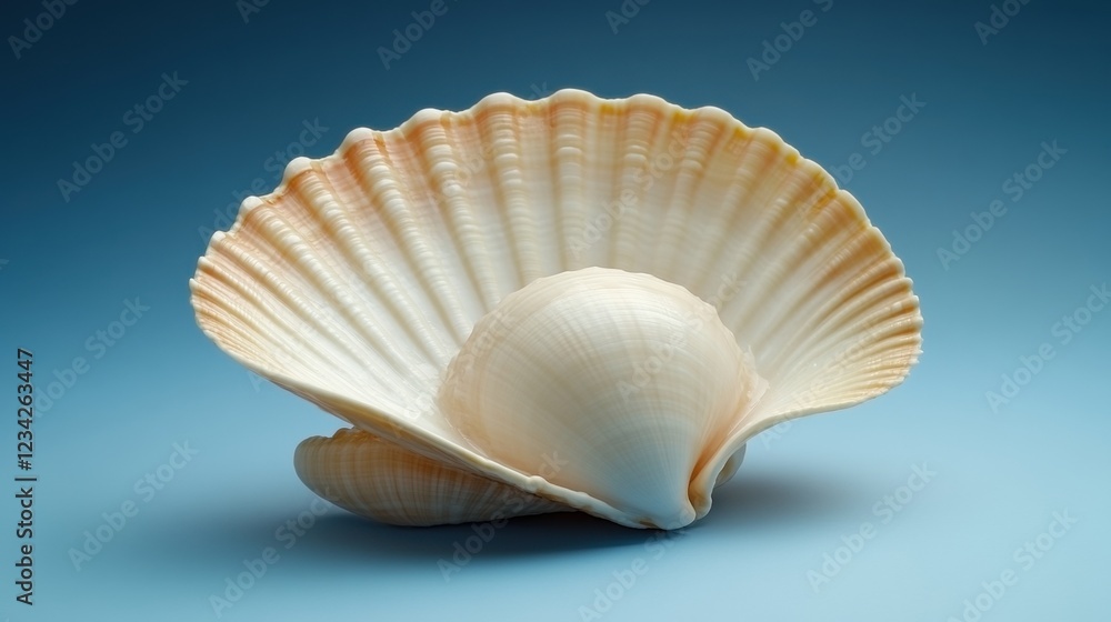 Delicate Scallop Shell Captured Against a Blue Background Highlighting Its Natural Elegance Delicate Scallop Shell Captured Against a Blue Background Highlighting Its Natural Elegance