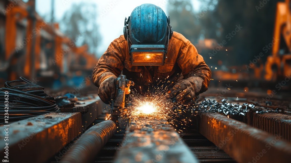 Intense Welding Work: A Metalworker's Focus and Skill Intense Welding Work: A Metalworker's Focus and Skill