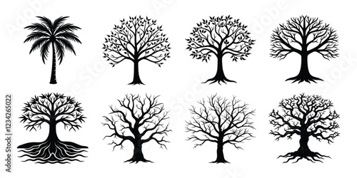 Tree silhouettes set. various trees bundle on white background