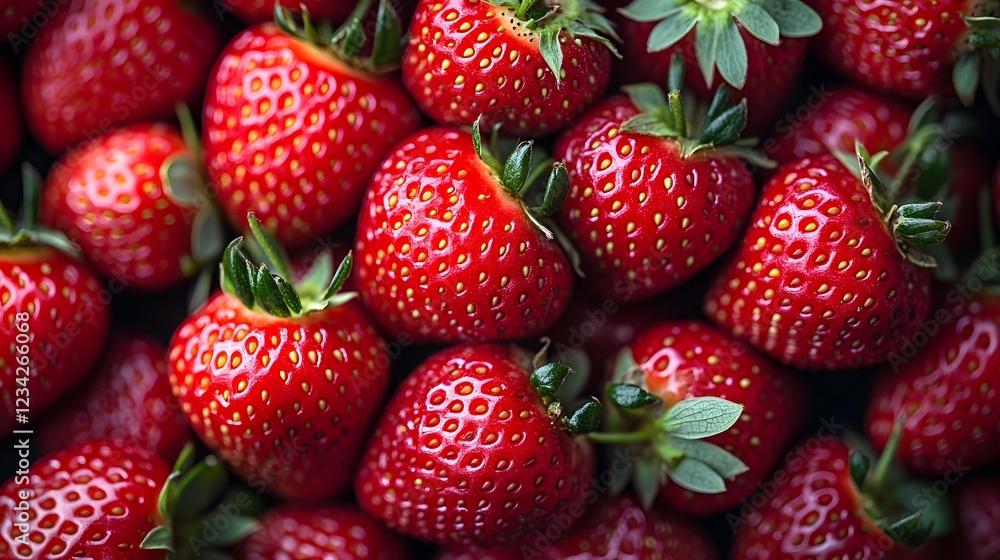Plump Ripe Strawberries with Green Leaves, Healthy and Delicious Summer Fruit Plump Ripe Strawberries with Green Leaves, Healthy and Delicious Summer Fruit