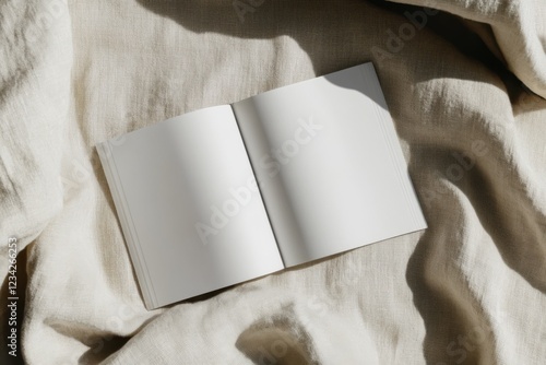 A blank landscape magazine mockup rests open on a soft, textured fabric background, illuminated by gentle natural light, enhancing the inviting and artistic essence of the setting