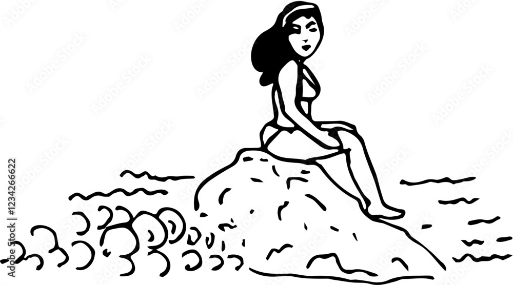 Fototapeta premium Sea, beach summer time travel. Vacation. Hand drawn vector isolated doodles. Woman on a beach 