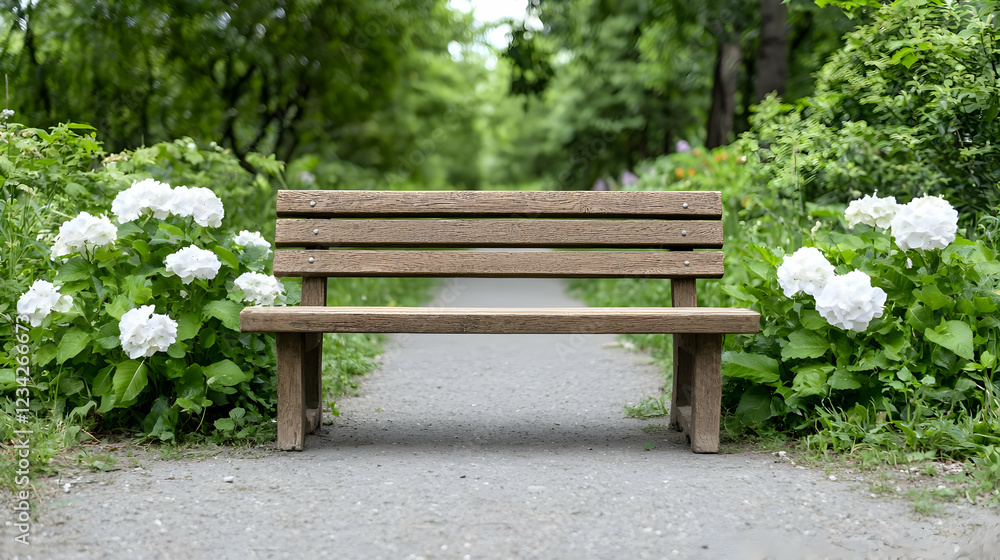 Park bench pathway, tranquil garden setting Park bench pathway, tranquil garden setting