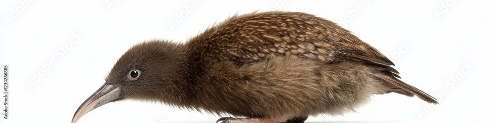 Brown bird with a long beak perched on a white surface