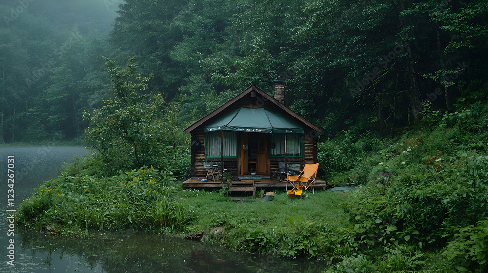 Misty lake cabin, tranquil forest, serene escape Misty lake cabin, tranquil forest, serene escape
