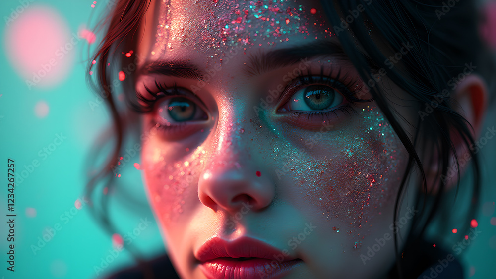 Close-up Portrait of a Woman with Glittery Makeup Close-up Portrait of a Woman with Glittery Makeup