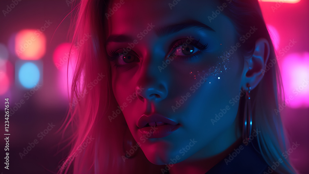 A woman with glitter makeup, in a neon light scene A woman with glitter makeup, in a neon light scene