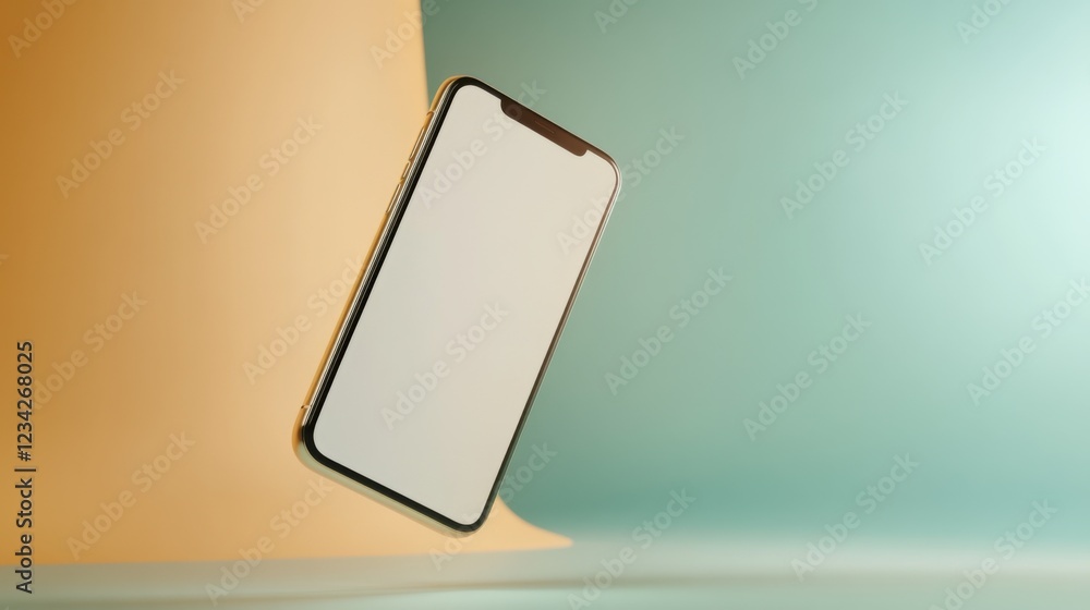 Featuring a modern smartphone mockup, the device appears to float elegantly at an angle against a soft pastel gradient. The sleek design highlights a blank screen ready for creative customization Featuring a modern smartphone mockup, the device appears to float elegantly at an angle against a soft pastel gradient. The sleek design highlights a blank screen ready for creative customization