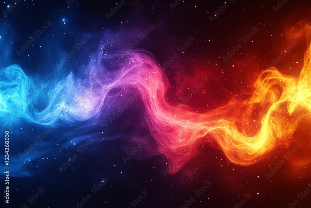 Fototapeta premium Colorful cosmic swirl shows vibrant hues of blue, pink, orange, and purple moving through a starry night sky