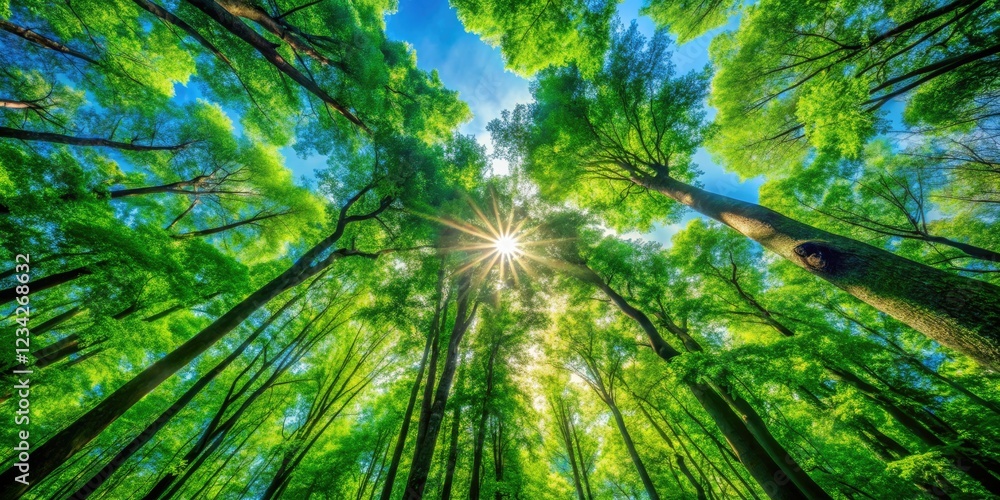 Lush green canopy blankets a vibrant blue sky, creating a breathtaking nature scene. Lush green canopy blankets a vibrant blue sky, creating a breathtaking nature scene.