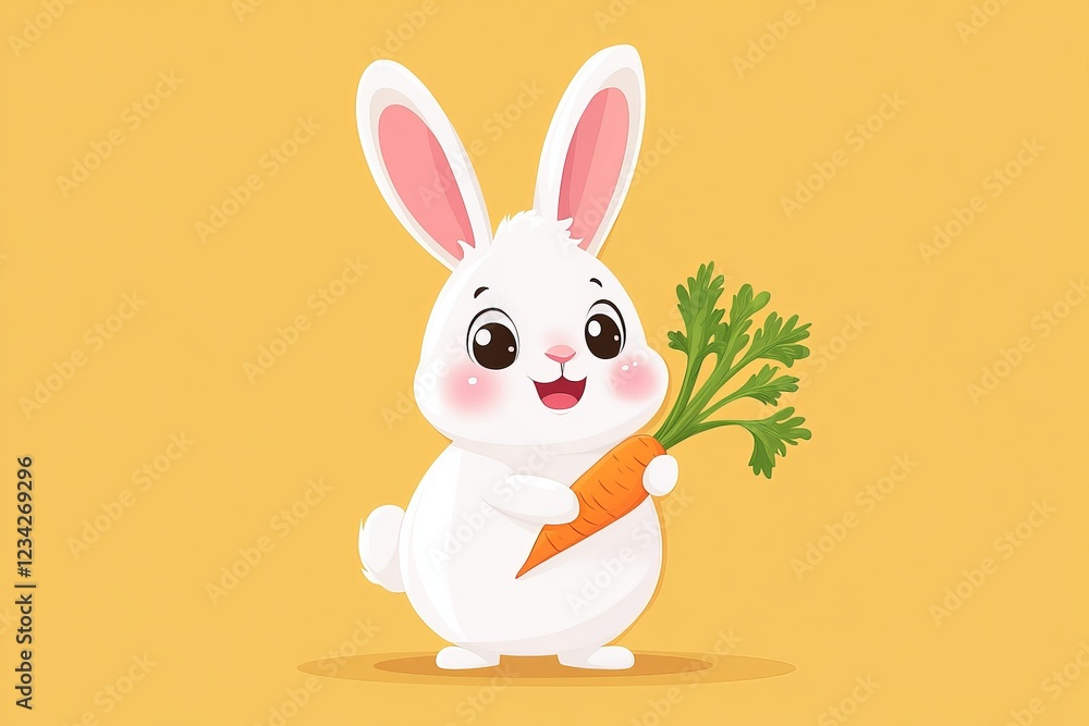 Obraz premium Cute rabbit holding a carrot with a cheerful expression against a bright yellow background