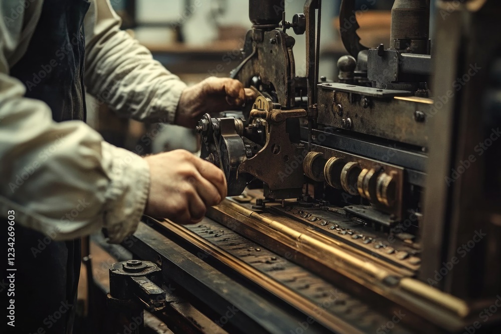 A person works on a machine in a factory environment, suitable for business or industry-themed projects A person works on a machine in a factory environment, suitable for business or industry-themed projects