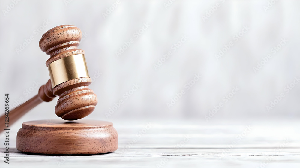 Wooden gavel on sound block, justice concept, blurred background, legal proceedings Wooden gavel on sound block, justice concept, blurred background, legal proceedings