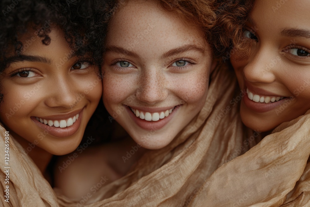 Three women wearing scarves tied around their necks in a mysterious pose Three women wearing scarves tied around their necks in a mysterious pose