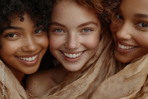 Three women wearing scarves tied around their necks in a mysterious pose photo