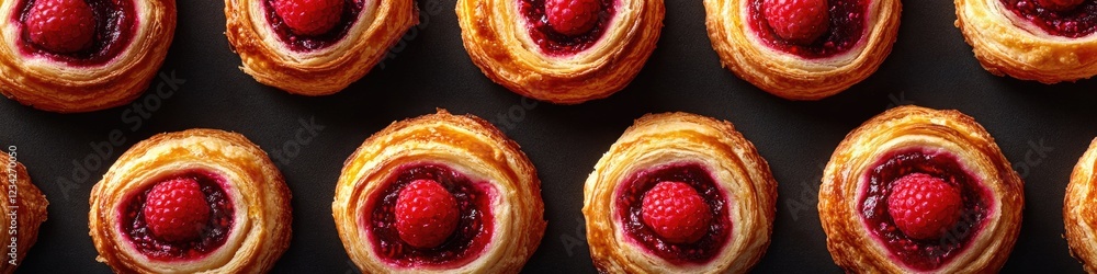 Obraz premium Freshly baked croissants topped with ripe raspberries