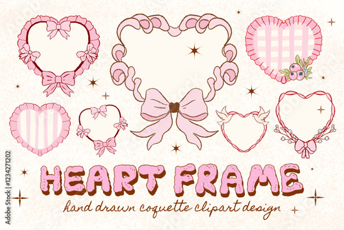 Heart frame with bow and ribbons. Hand Drawn red coquette borders for wedding invitations. Whimsical lace frames, Pink frame, ruffle heart border, girly clipart, Dolce vita, Valentine coquette, ribbon
