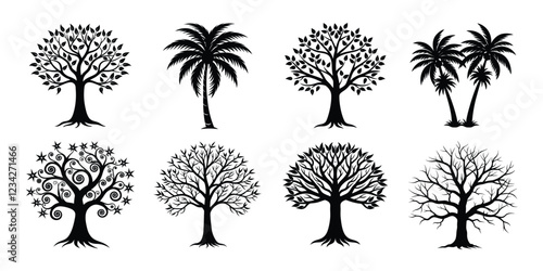 Tree silhouettes set. various trees bundle on white background