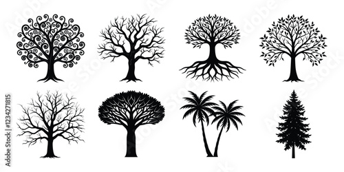 Tree silhouettes set. various trees bundle on white background