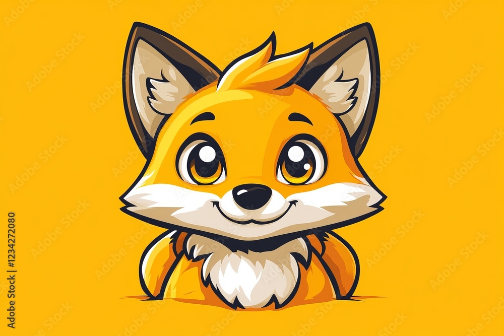 Cute orange fox character with big eyes and a playful expression set against a bright yellow background Cute orange fox character with big eyes and a playful expression set against a bright yellow background