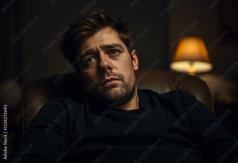 Somber drunk male portrait in dimly lit room Somber drunk male portrait in dimly lit room
