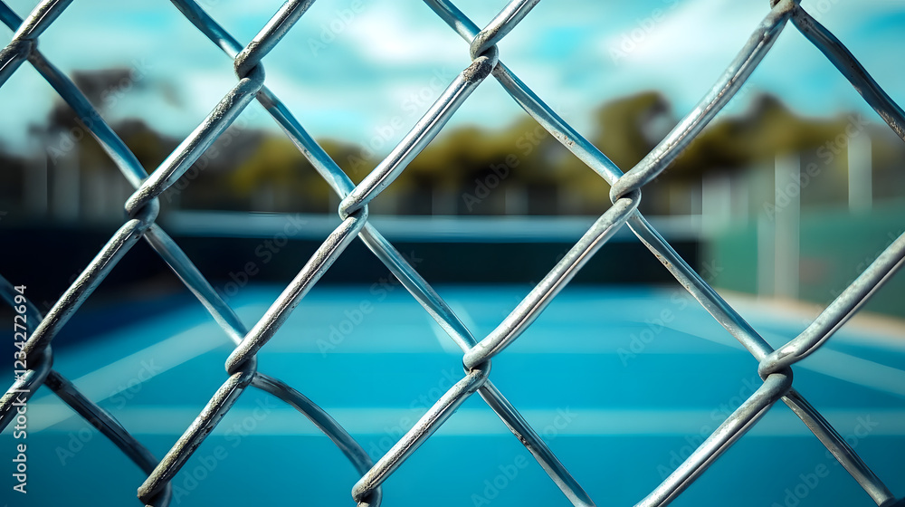 The photo captures the foreground with a silver chain-link fence in focus, while the blurred backdrop presents an empty blue tennis court under a slightly cloudy sky. The photo captures the foreground with a silver chain-link fence in focus, while the blurred backdrop presents an empty blue tennis court under a slightly cloudy sky.