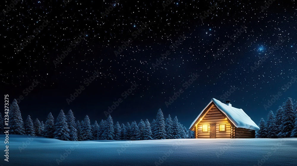 A serene winter night scene featuring a cozy cabin illuminated under a starry sky surrounded by snow-covered trees. A serene winter night scene featuring a cozy cabin illuminated under a starry sky surrounded by snow-covered trees.