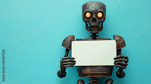 Rusty Robot Skeleton Holding Blank Sign