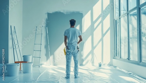 Painter With Paint Roller Contemplates Grey Wall, Large Windows, and Sunlight Before Starting Work photo