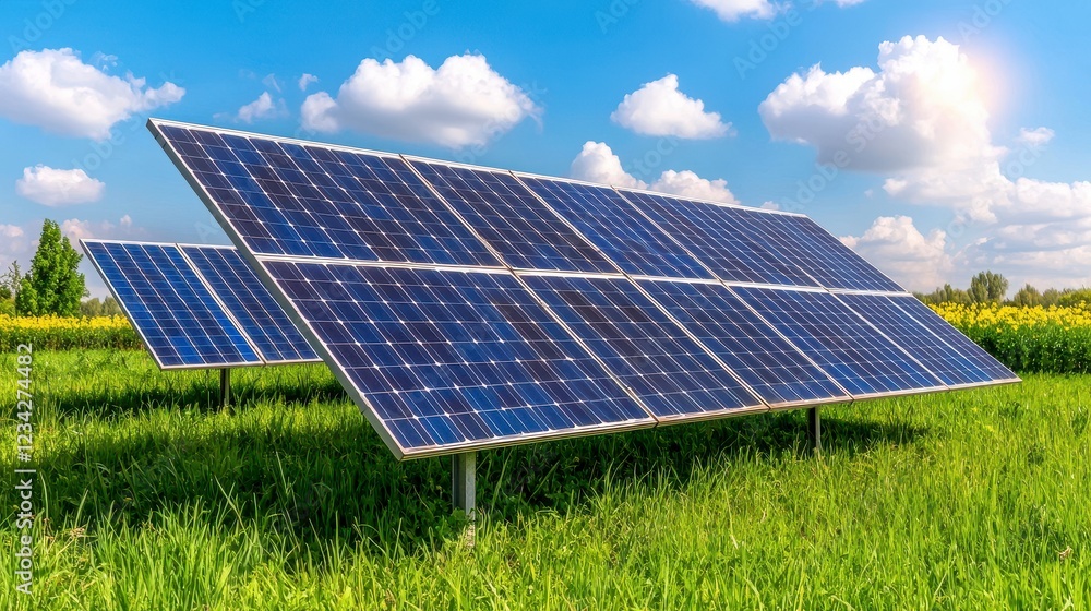 Blue Solar Panels In A Green Field Under A Sunny Sky Blue Solar Panels In A Green Field Under A Sunny Sky