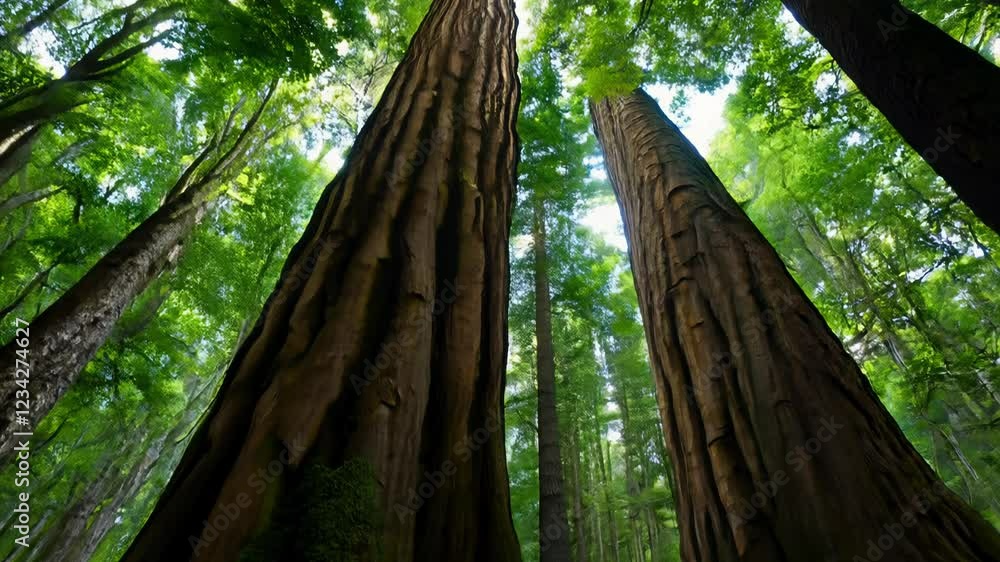 Establishing low angle video of tall trees in a redwood forest ...