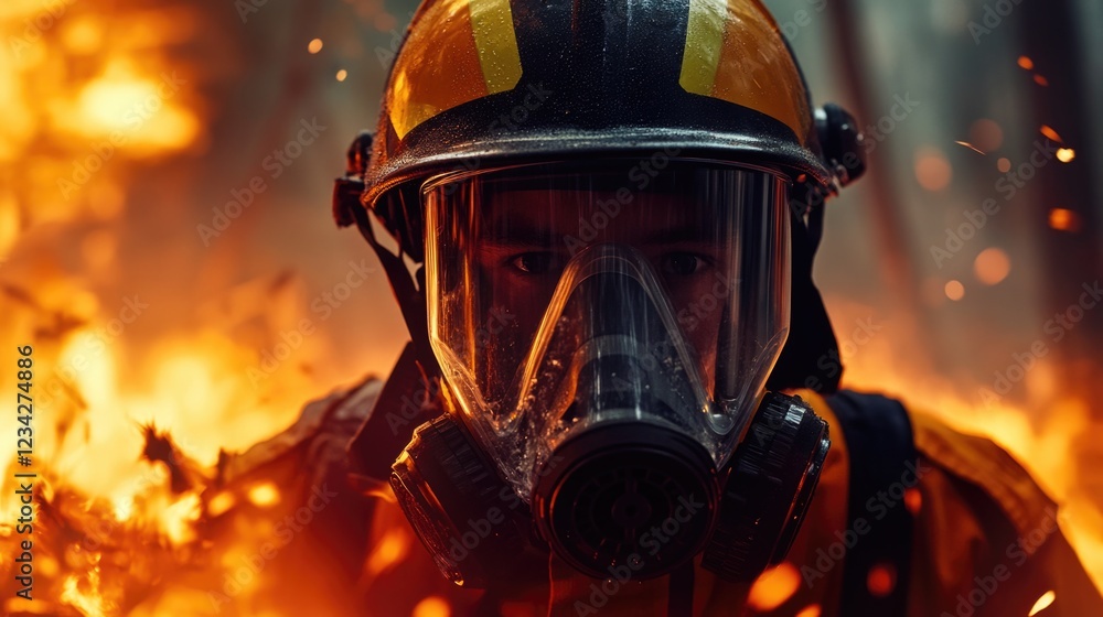 A firefighter wearing a gas mask stands near a burning fire, ready to respond A firefighter wearing a gas mask stands near a burning fire, ready to respond