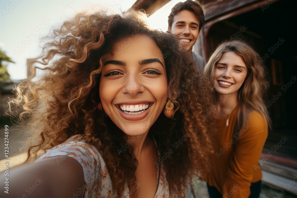 Fototapeta premium Group of cheerful young students taking a selfie outside university building