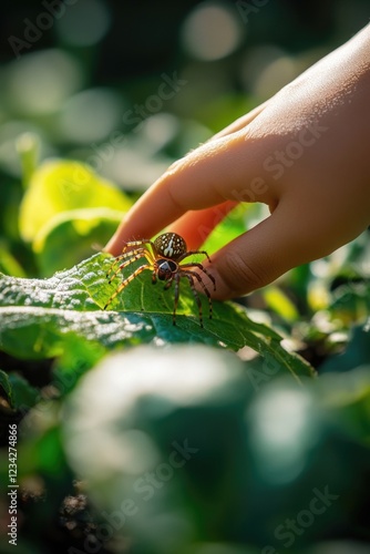 A person holds a spider on the top of a leaf, great for nature and creepy-crawly themed illustrations photo